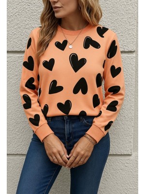 Nidam Butik Kadın Uzun Kollu Bisiklet Yaka Kalp Desenli Iki Iplik Bluz