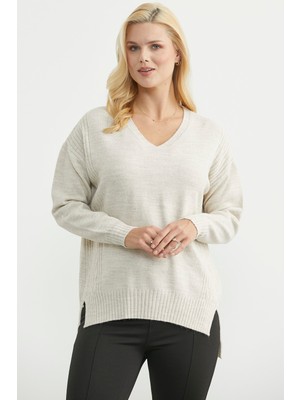 Sementa Oversize V Yaka Triko Kazak - Taş