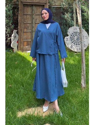 Lamelif Bağlama Detaylı Etekli Takım Indigo
