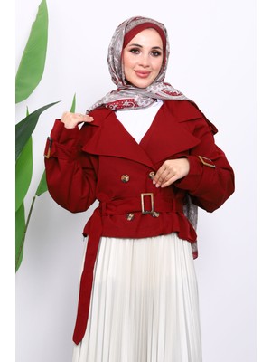İmaj Butik Bordo Kruvaze Yaka Kemerli Kısa Trençkot