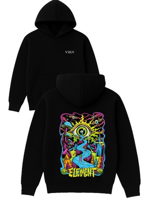 Vsrn Element Tasarım Baskılı Oversize Siyah Kapüşonlu Sweatshirt