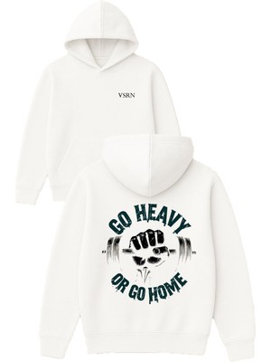 Vsrn Go Heavy Or Go Home Tasarım Baskılı Oversize Beyaz Kapüşonlu Sweatshirt
