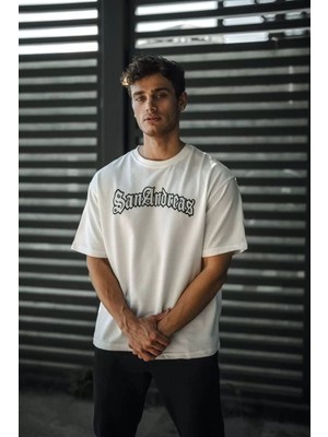 Moda Unisex Bisiklet Yaka Baskılı Oversize T-Shirt - Beyaz