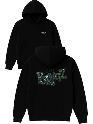 Vsrn Bratz Yeşil Tasarım Baskılı Oversize Siyah Kapüşonlu Sweatshirt