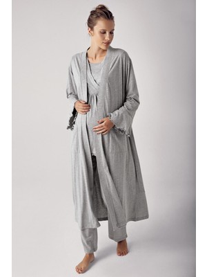 Artış Collection Kadın Uzun Kollu Esnek Pamuklu Hamile Sabahlık Pijama TAKIMI13300 Tüm Sezon Gri Renk Rahat Fit