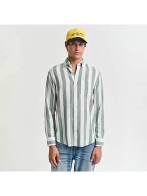 Gant Erkek Yeşil Regular Fit Düğmeli Yaka Çizgili Gömlek