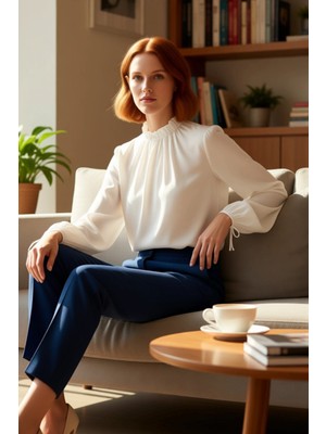 FRM Kadın Modal Dokuma Bluz Dik Yaka Balon Kol ve Rahat Kesim Kaliteli Şık Rahat Modern Zarif Günlük