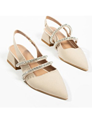 Duxal Shoes Kadın Bej Taşlı Babet-Topuklu Ayakkabı 36 El Yapımı Saten Kumaş