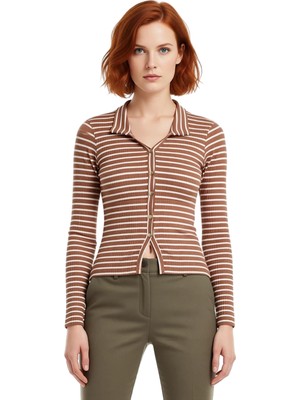 Ersefa Kadınlar Için Polo Yaka Çizgili Slim Fit Düğmeli Örme Bluz Kaliteli Şık Rahat Modern Zarif