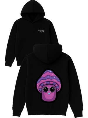 Vsrn Aglayan Mantar Tasarım Baskılı Oversize Siyah Kapüşonlu Sweatshirt
