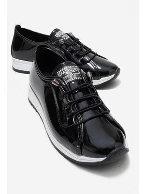 Ccway Yumuşak Tabanlı Lastik Bağcıklı Kadın Ayakkabı Siyah Rugan