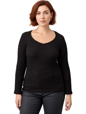 Ersefa Kadın Gofre Dokulu V Yaka Uzun Kollu Örme Üst Kaliteli Şık Rahat Modern Zarif Günlük