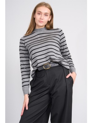 Çetinkaya Fithit 2319 Kadın Bisiklet Yaka Akrilik Çizgili Triko Kazak Koyu Grimelanj-Siyah