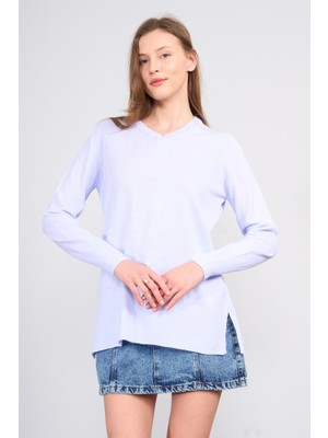 Çetinkaya Miyamira 2307 Kadın Basic V Yaka Yanları Yırtmaçlı Triko Bebe Mavi