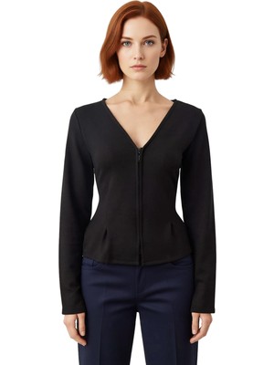 Ersefa Kadın V Yaka Fermuarlı Fitted Örme Üst Kaliteli Şık Rahat Modern Zarif Günlük