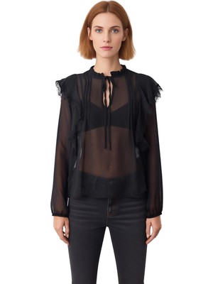 Ersefa Kadın Bluz Şifon Kumaş Transparan Detaylar Dantel Süslemeler Balon Kol Tasarım Kaliteli Şık