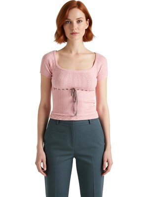 Ersefa Kadınlar Için Kare Yaka Triko Bluz Ajurlu Detaylı Kısa Kollu ve Vücuda Oturan Kesim Kaliteli