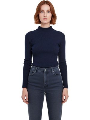 Ersefa Moda Dik Yaka Örme Slim Düz Desen Casual Günlük Regular Uzun Kol Bluz