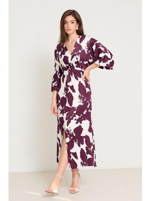 Setre Ekru-Bordo Yaka Detaylı Rahat Kesim Desenli Elbise