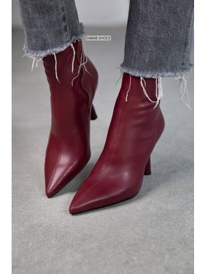 Kadın Marya Bordo Streç Cilt Yandan Fermuar Sivri Burun Ince Topuklu Bot