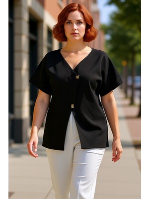 PayBuy Asimetrik Düğmeli V Yaka Kısa Kollu Kadın Triko Kaliteli Şık Rahat Modern Zarif Günlük