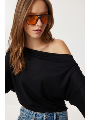 Happiness İstanbul Asimetrik Yaka Dökümlü Esnek Örme Bluz LUB0309 Siyah