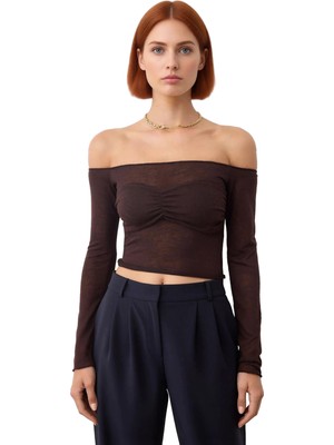 Ersefa Kadın Fitted Carmen Yaka Uzun Kollu Örme Bluz Kaliteli Şık Rahat Modern Zarif Günlük