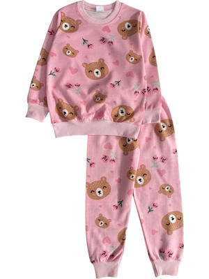 Kız Çocuk Iki Iplik Şardonlu Pembe Ayıcık Desenli Uzun Kollu Pijama Takımı