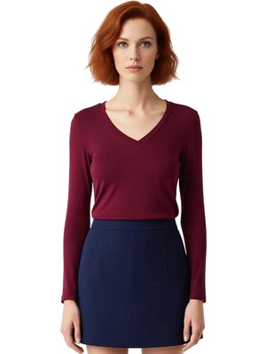 Ersefa Kadın V Yaka Uzun Kollu Fitted Örme Bluz Çok Yönlü Kullanım Için Kaliteli Şık Rahat Modern