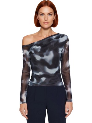 Ersefa Moda Asimetrik Yaka Örme Slim Çiçekli Desen Casual Günlük Regular Uzun Kol Bluz