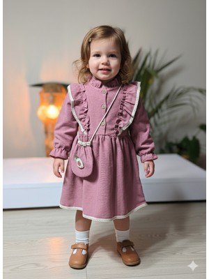 Şimo Butik Bayramlık Uzun Kollu Dantel Detaylı Vintage Fitilli Kadife Çantalı Kız Çocuk Elbisesi