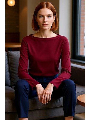 FRM Kadın Moda Şık Üst Giyim Regular Kayık Yaka Ispanyol Kol Relaxed Kalıp Örme Rahat Kalıp Esnek Bluz