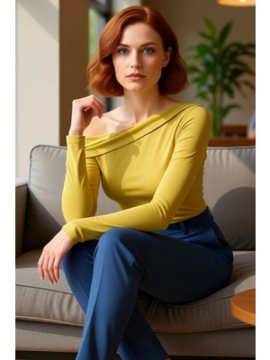 FRM Kadın Vücuda Oturan Asimetrik Yaka Uzun Kollu Örme Bluz Büzgülü Kaliteli Şık Rahat Modern Zarif