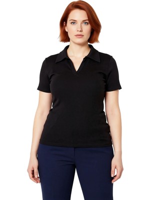 Ersefa Kadın Beyaz Basic Vücuda Oturan Polo Yaka Kısa Kollu Kaşkorse Bluz Cool & Comfort Yazlık Rahat Giyim