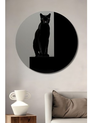 Teona Ahşap Dekoratif Ahşap Yuvarlak Tablo Siyah Kedi Sanatı