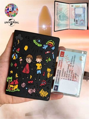 Nurdic Çocuk Karalama Desenli Pürüzsüz Yüzey Deri Pasaport Kılıfı Kabı Tüm Ülke Pasaportlarına Uygun