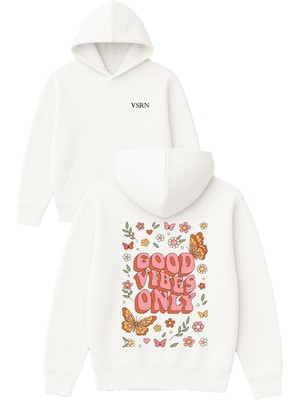 Vsrn Çiçekli Good Vibes Only Tasarım Baskılı Oversize Beyaz Kapüşonlu Sweatshirt