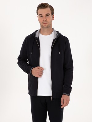 Cacharel Erkek Lacivert Regular Fit Pamuk Karışımlı Tam Fermuarlı Kapüşonlu Sweatshirt 50318867-VR033