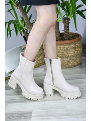 Asmi Shoes Kadın Leysi 8 cm Platformlu Topuklu Fermuarlı Bot  Krem