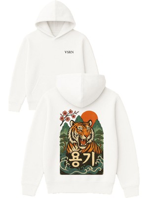 Vsrn Japon Kaplanı Tasarım Baskılı Oversize Beyaz Kapüşonlu Sweatshirt