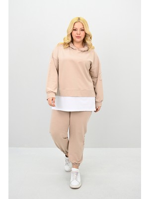 Koza Butik Kadın Büyük Beden Uzun Kollu Kapüşonlu Lastik Paça Eşofman Takımı 8180-25 (4253K)