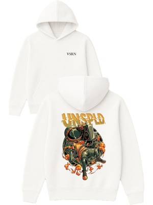 Vsrn Unspld Astronot Radyo Tasarım Baskılı Oversize Beyaz Kapüşonlu Sweatshirt
