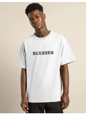 Moda Unisex Bisiklet Yaka Oversize Baskılı T-Shirt - Beyaz