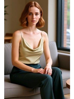 FRM Moda Degaje Yaka Dokuma Regular Düz Desen Casual Günlük Regular Askılı Kol Bluz