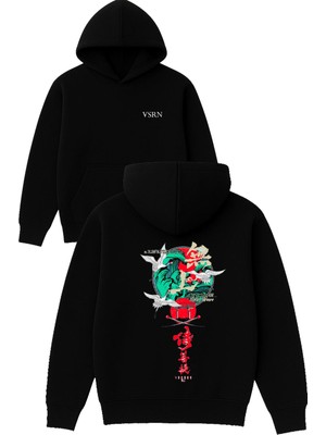 Vsrn Japan Tidal Tasarım Baskılı Oversize Siyah Kapüşonlu Sweatshirt