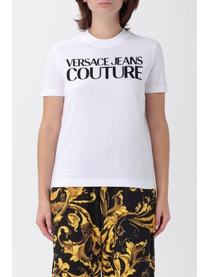 Versace Kadın Regular Fit Yazı Logolu Bisiklet Yaka T-Shirt - Beyaz