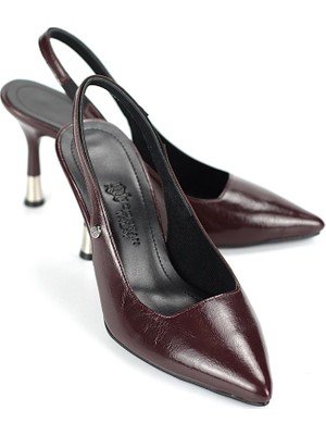 Gökhan Talay Biana  Esnek Yumuşak Kaymaz Taban (8 Cm) Bordo Rugan Açık Lastikli Kadın Topuklu Ayakkabı