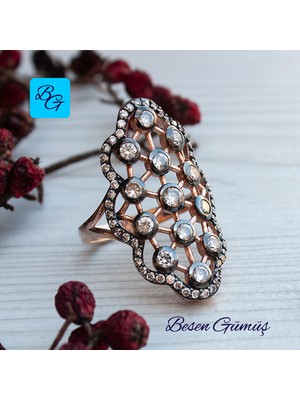 Besen Gümüş Birbirine Bağlantılı Taşlı Mekik Yüzük