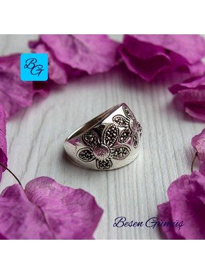 Besen Gümüş Düz Çiçek Motifli Markazit Taşlı Yüzük