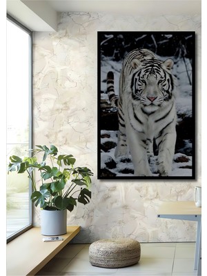 Teona Ahşap Dekoratif Ahşap Dikdörtgen Tablo Beyaz Kaplan Kar Üzerinde Çerçeve Görünümlü